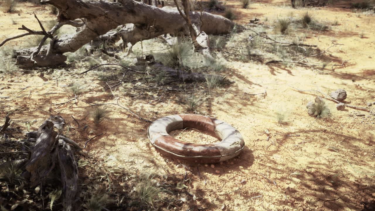 Lifebuoy resting on sunlit ground amidst dry vegetation in a tranquil setting