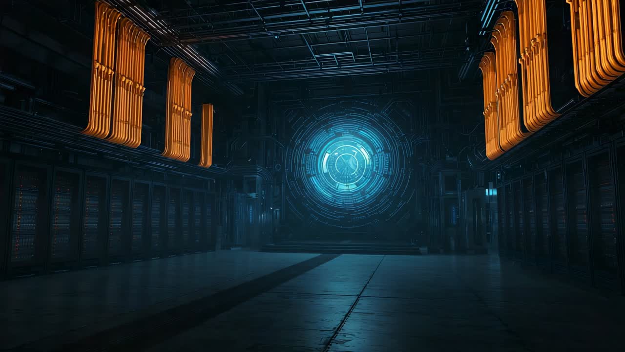 Sparking energy portal glowing concentric rings rotating powering orange conduits along corridor