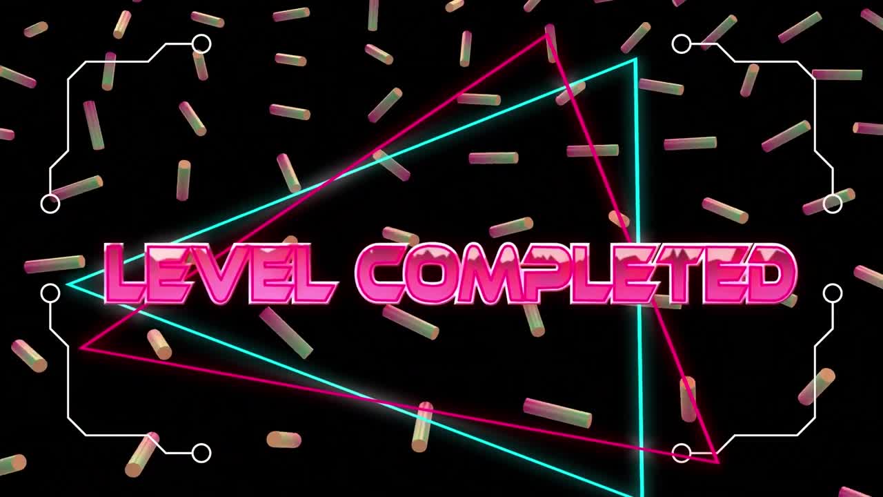 검은색 배경에 삼각형과 다채로운 롤러를 통해 완료 된 수준의 애니메이션