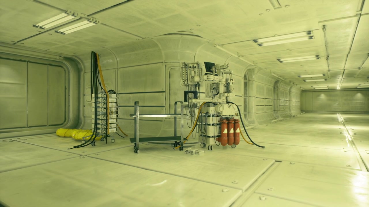 Industrial corridor scene silent factory passage with equipment