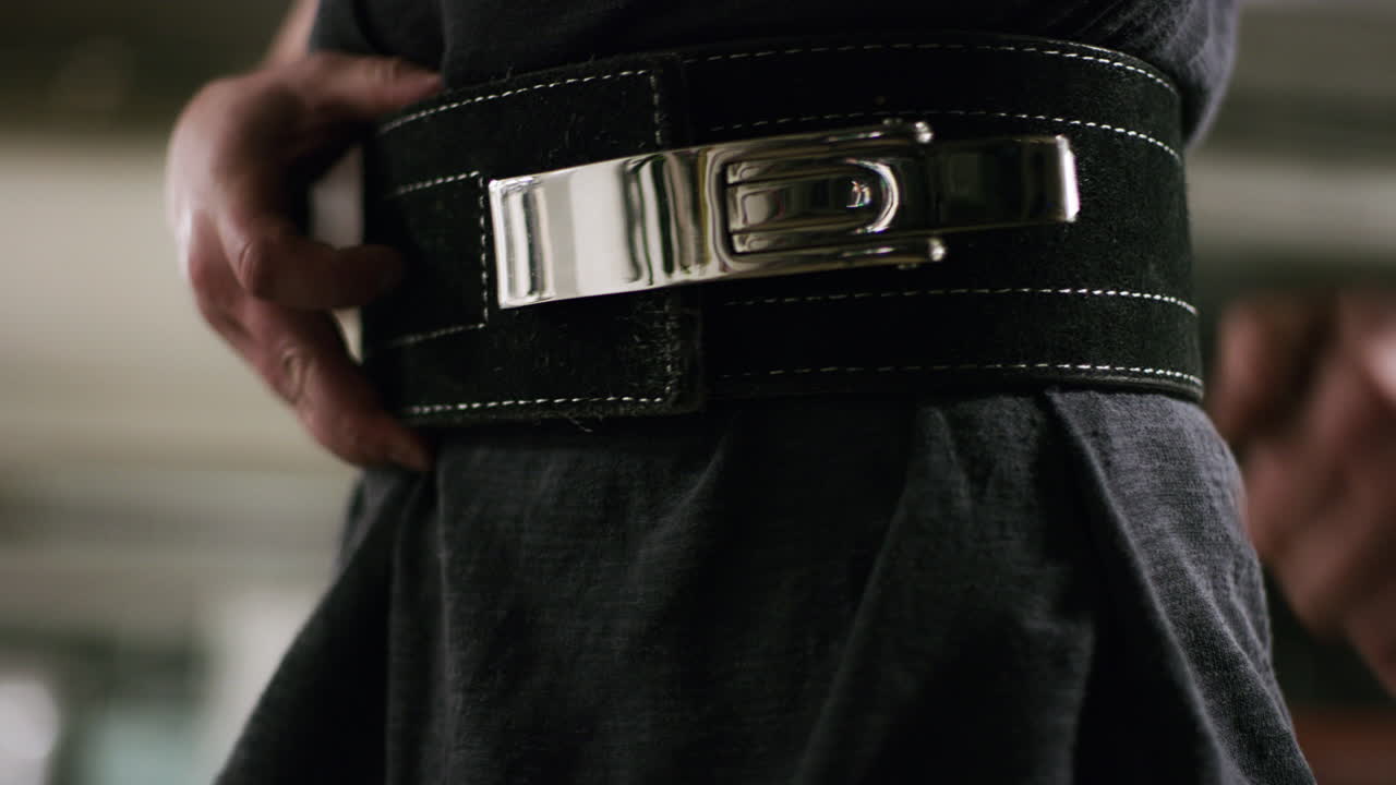 레버 에 무게 를 올리는 벨트 를 착용 하고, 레버 를 단단 히  ⁇ 고 닫는 사람