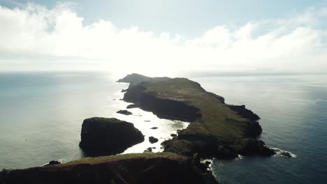 Aerial-of-Wild-Madeira-Coast,-Sao-Lourenco,-Cloudy-Sky-at-Sunset