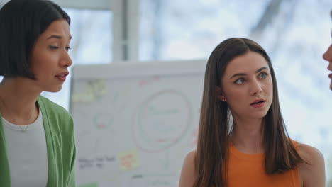 mujeres inspiradas hablando juntas trabajando en la oficina de cerca. chica asiática explicando