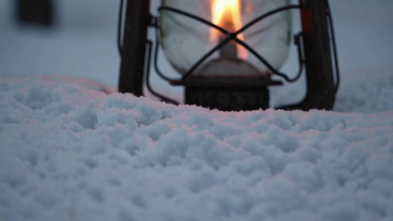 The video captures a serene winter scene with a glowing lantern nestled in fresh snow