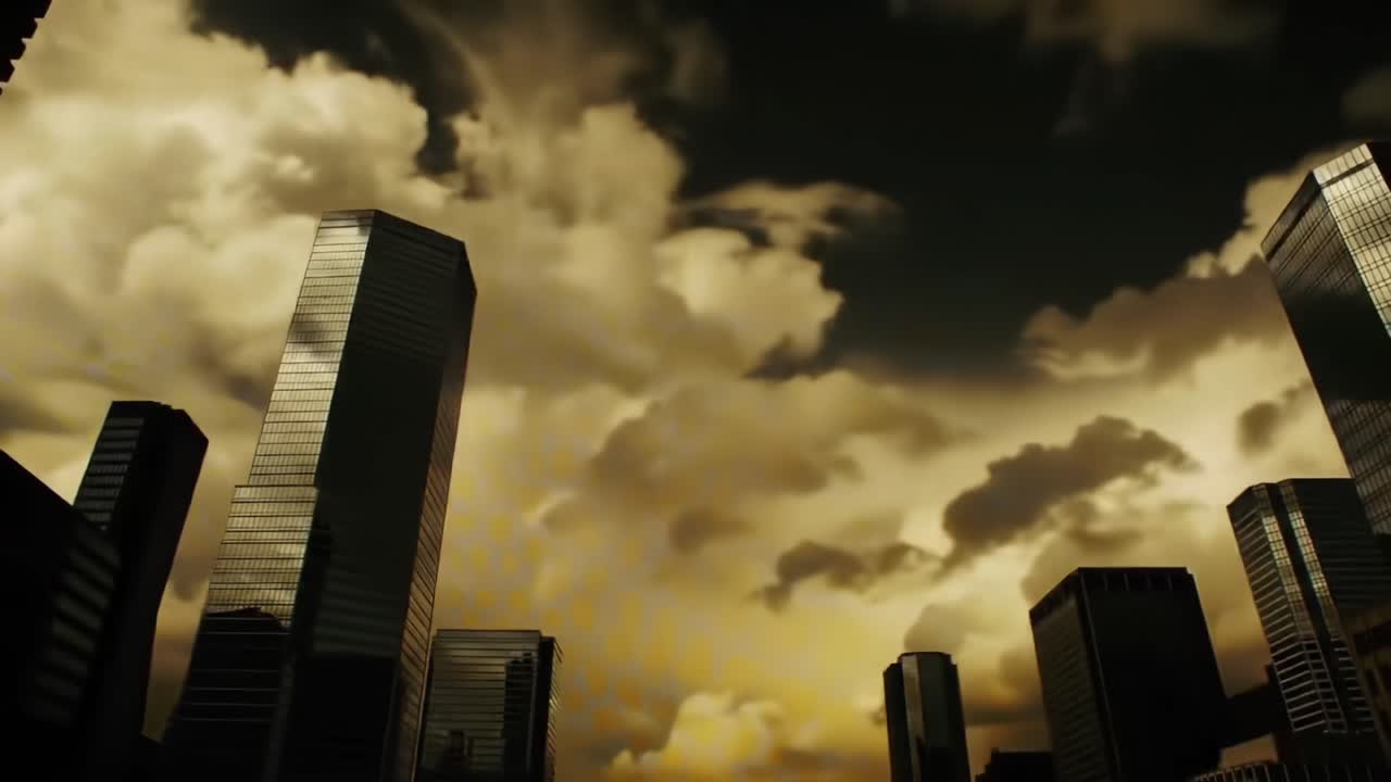 Dramatic Urban Landscape Under Ominous Clouds Capturing the Essence of a Cityscape with Reflections from Tall Buildings in a Mysterious Atmosphere