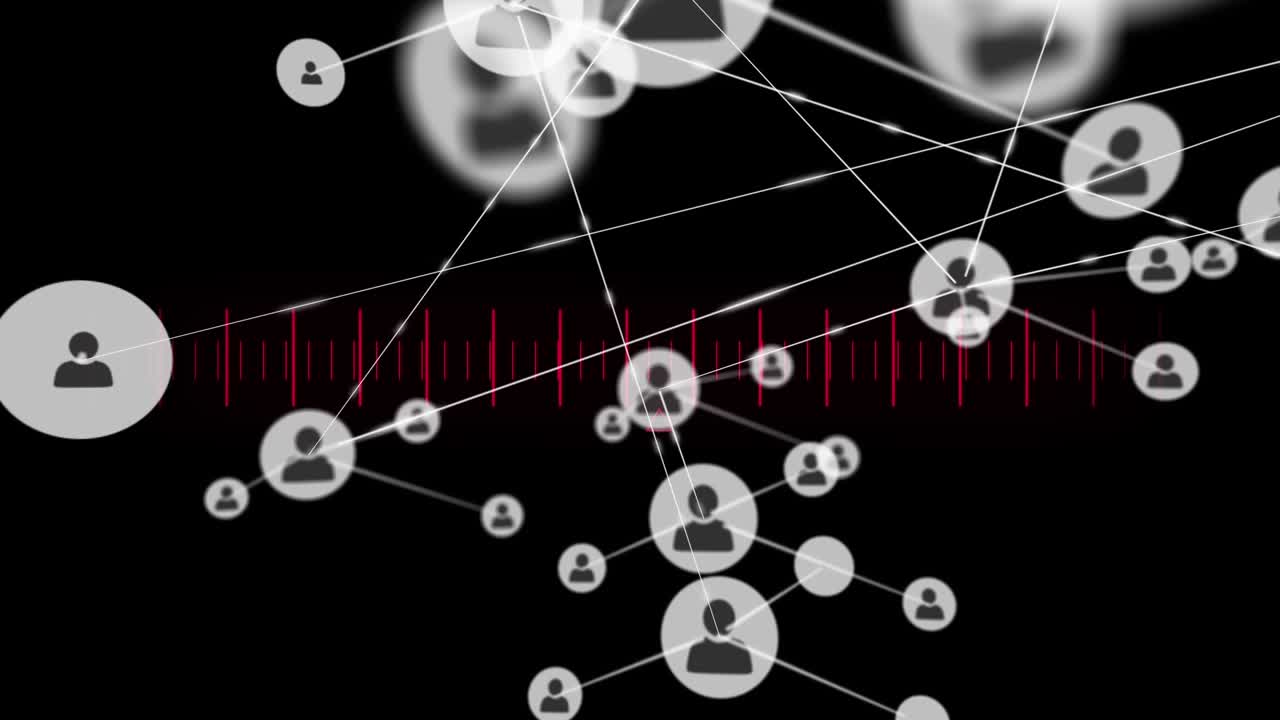 Animation of network of profile icons and measuring scale against black background