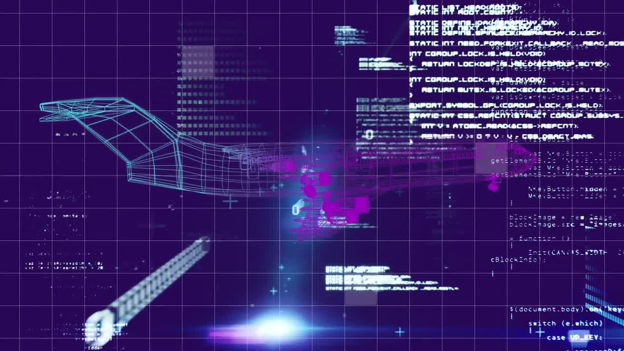 그리드 위에 떠다니는 데이터와 정보와 함께 회전하는 3d 비행기 모델의 애니메이션