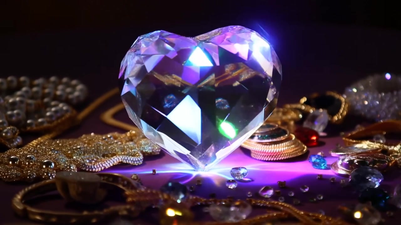 Shifting blue light causing cut heart crystal splitting light across purple velvet, pearls, chains