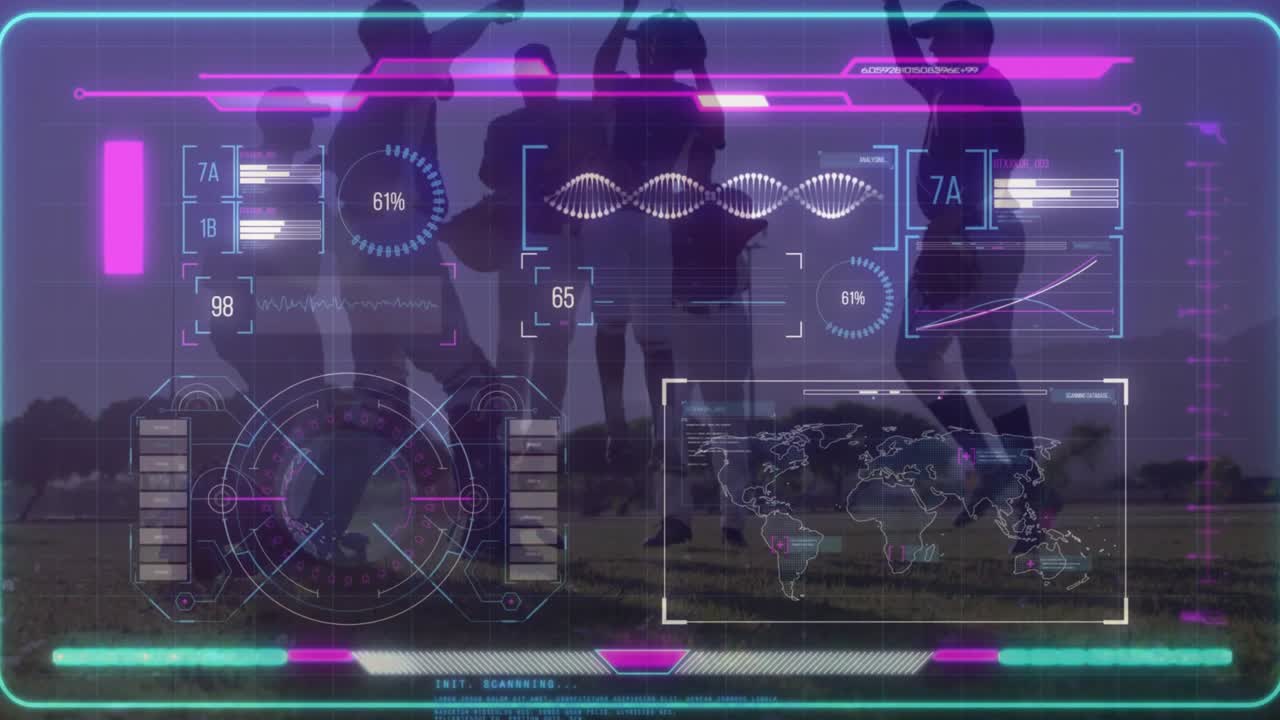 Six male players running and cheering across field after scoring, HUD radar gauges tracking metrics