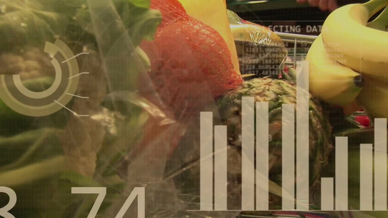 Avvio del feed di dati del negozio, con overlay di generi alimentari che appaiono sui prodotti freschi, e grafici animati che tracciano le scorte.