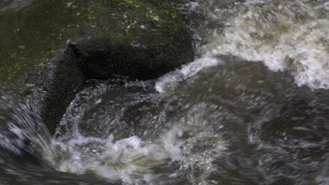 still footage of murky river stream flowing around rock