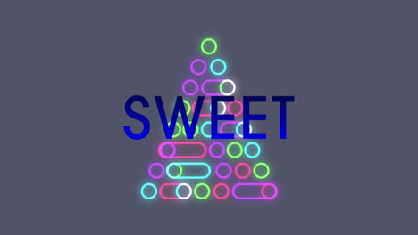 animation of sweet text and christmas tree on gray background
