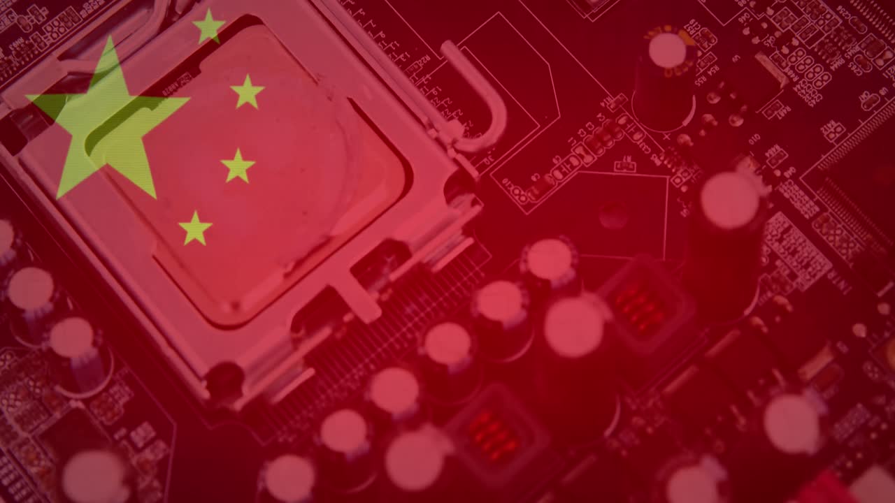 animación de una placa de circuito de computadora con procesamiento de datos y bandera de china