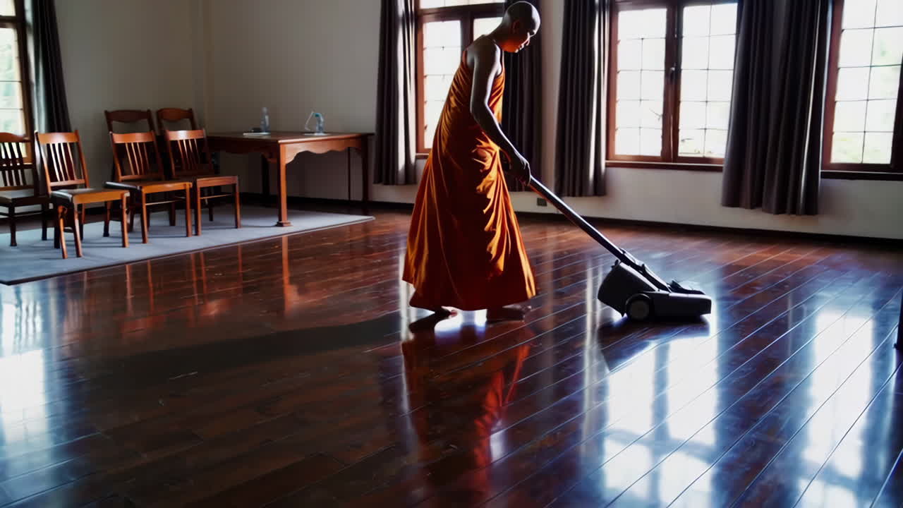 monje budista limpiando el suelo de un templo