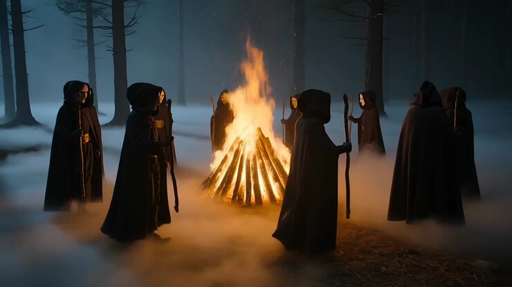 Hettekledde skikkelser sirkler med klokken i en furuskog om natten, holder staver mens et bål blusser for et ritual.