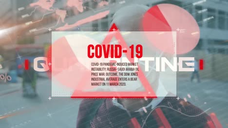 Animation-of-covid-19-data-processing-over-warning-triangle-and-man-in-face-mask