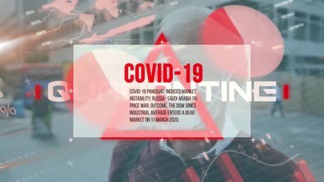 animación del procesamiento de datos de covid-19 sobre el triángulo de advertencia y el hombre con máscara facial