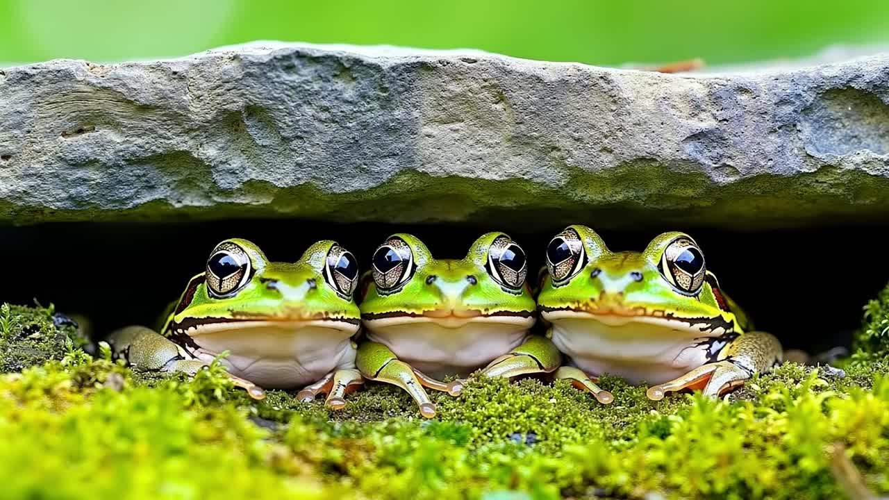 Three frogs sitting on a moss covered rock
