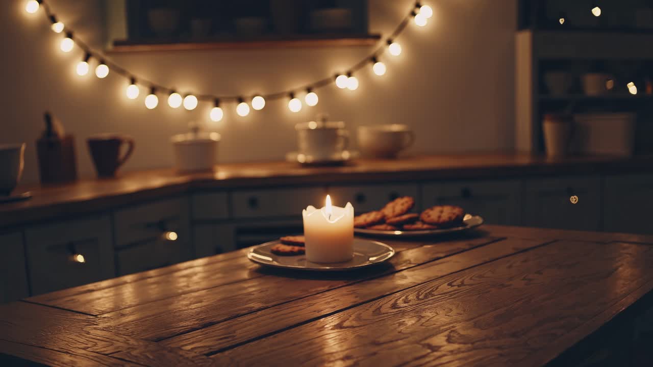 Cozy kitchen at night with candle and cookies