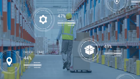 animation of data processing against rear view of male worker pulling a pallet truck at warehouse