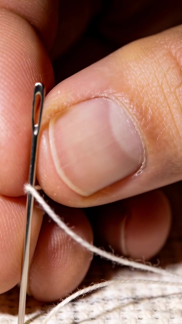 Vertical video: Threading thread through eye, right hand guiding needle into cloth at table to sew