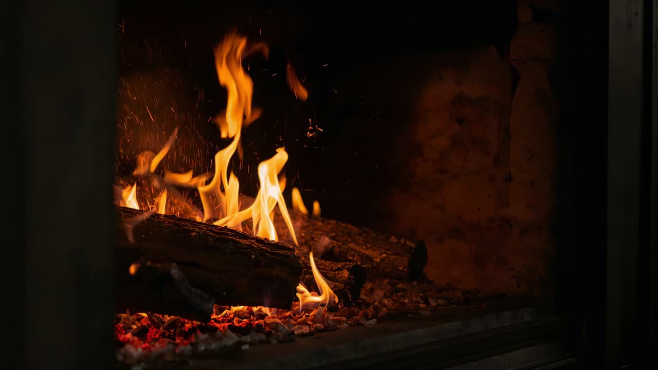 Embers igniting split logs, flames curling and rising on fireplace hearth with masonry frame