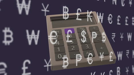 animation of currency symbols and calculator on dark background