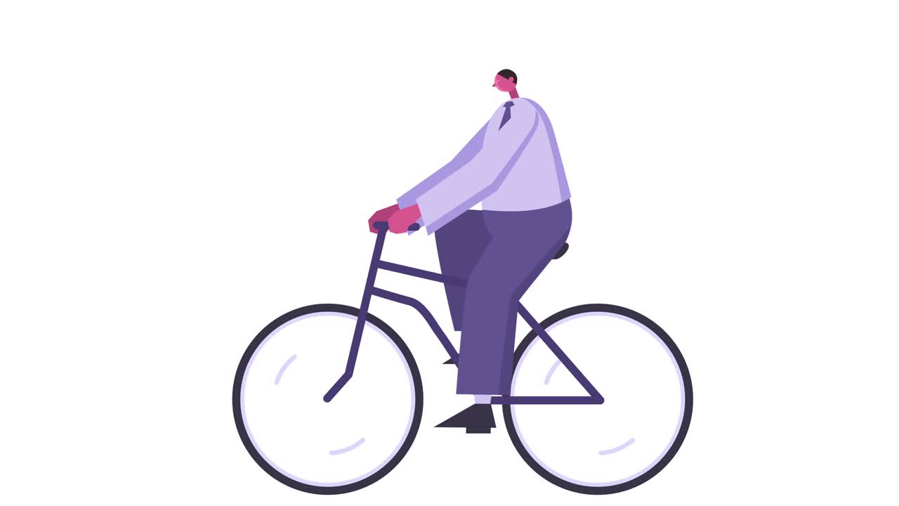 Bike Cartoon Cyclist. Flat Design Cute Fat Man Character Ride Bicycle Isolated Loop 2d Animation