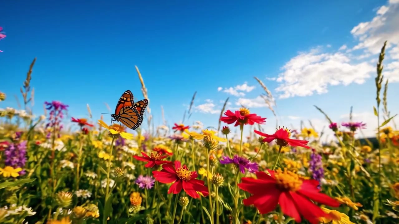 Un prato fiorito e vivace di fiori selvatici sotto un cielo azzurro brillante, che mette in mostra la bellezza e la diversità della natura con colori in fiore. Un paesaggio primaverile perfetto.