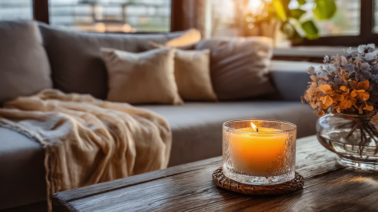 Uno spazio abitativo accogliente con una candela tremolante, cuscini morbidi ed elementi naturali che creano un'atmosfera calda e invitante in un elegante design d'interni.