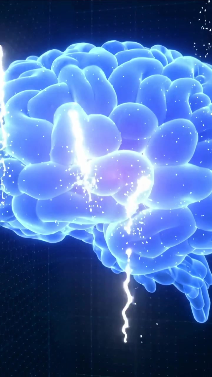 Vertical video: Pulsing neon-blue brain model responding to arc strikes in dark grid, with sparks