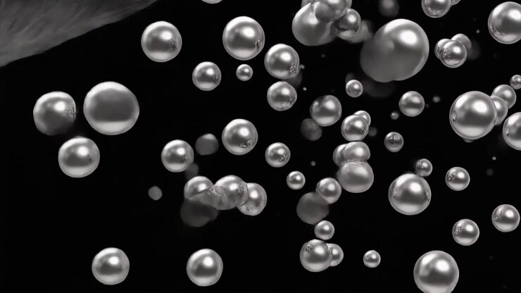 Silver Spheres Floating and Closing Grey Curtains