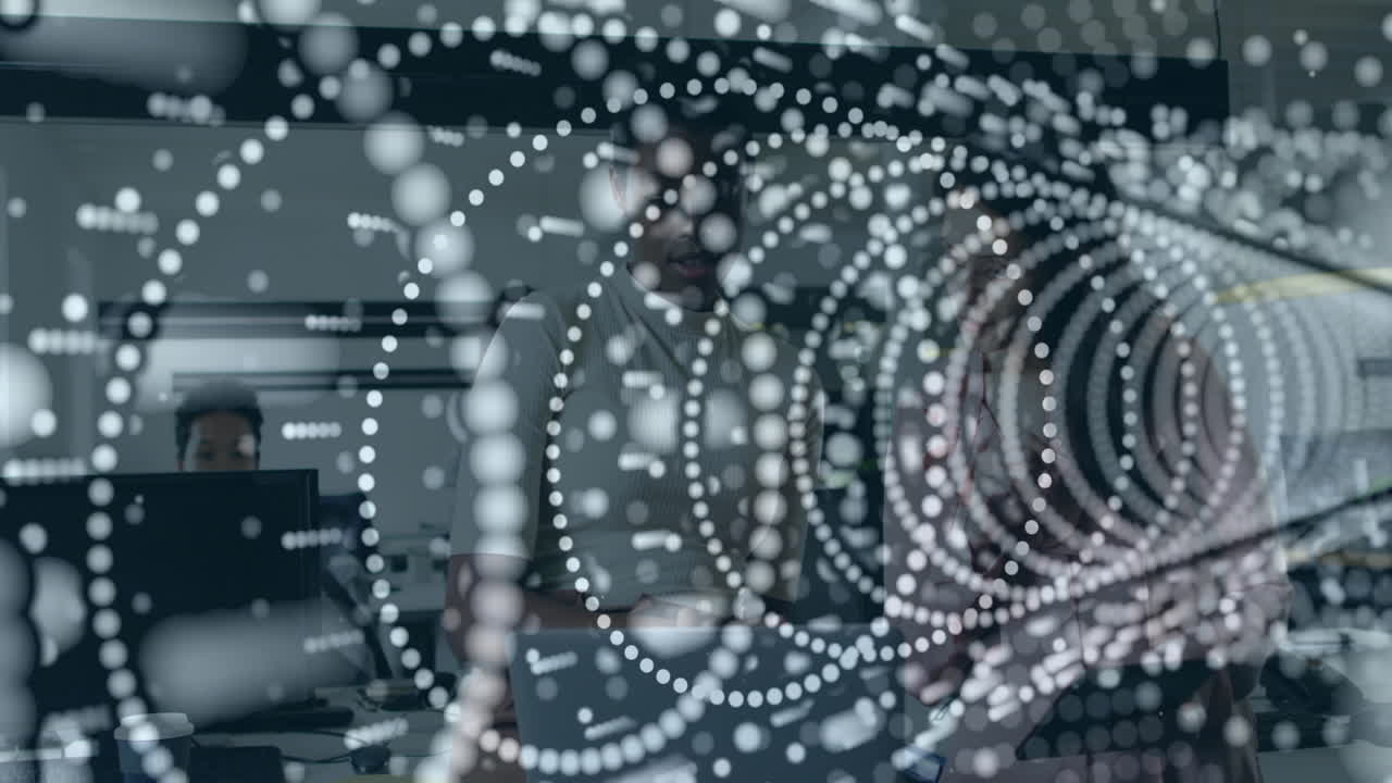 Abstract circular patterns animation over people working in modern office