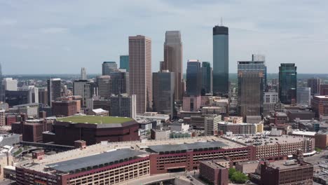 close-up dolly aerial shot of the downtown minneapolis skyline in minnesota