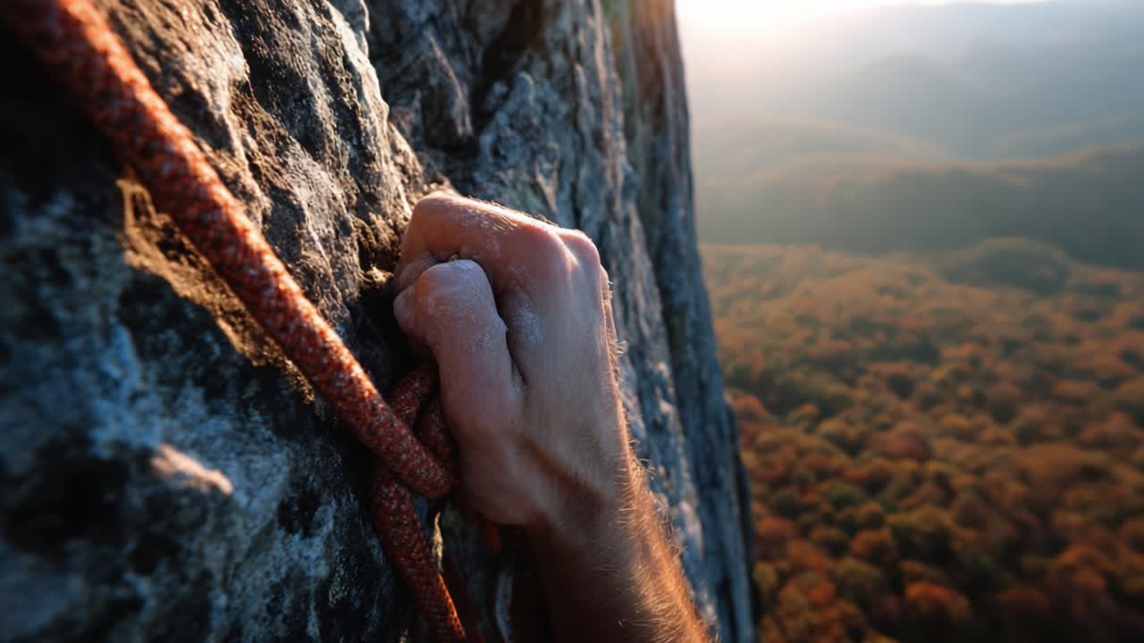 A climber's determined grip on the rugged rock face, showcasing the essence of adventure and perseverance as they ascend, surrounded by the vibrant autumnal landscape, bathed in the golden hue of sunset