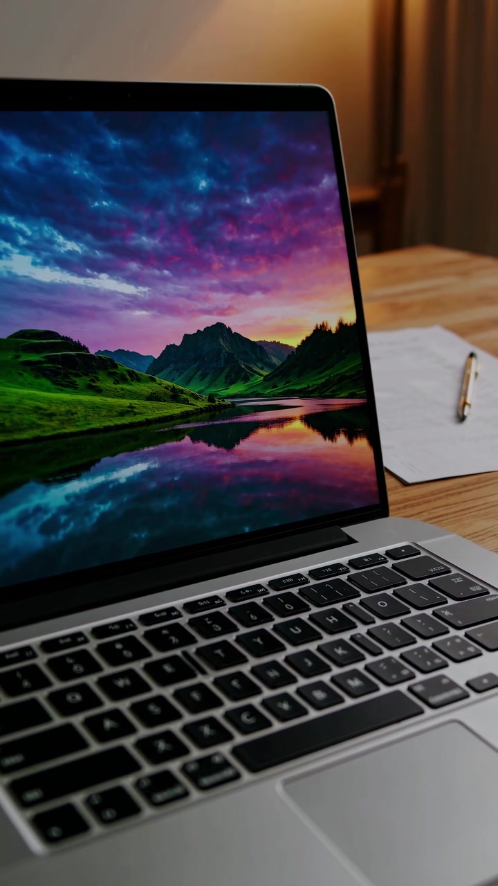 Computer portatile su scrivania in legno con sfondo paesaggistico