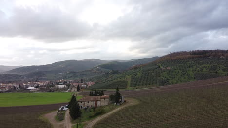 Vista-Aérea-De-La-Cosecha-De-Viñedos-De-Frescobaldi-Hacia-La-Granja-Rural,-Ladera-De-La-Zona-Vinícola-De-Chianti