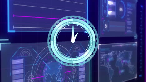 digital clock animation over futuristic data charts and graphs in tech environment