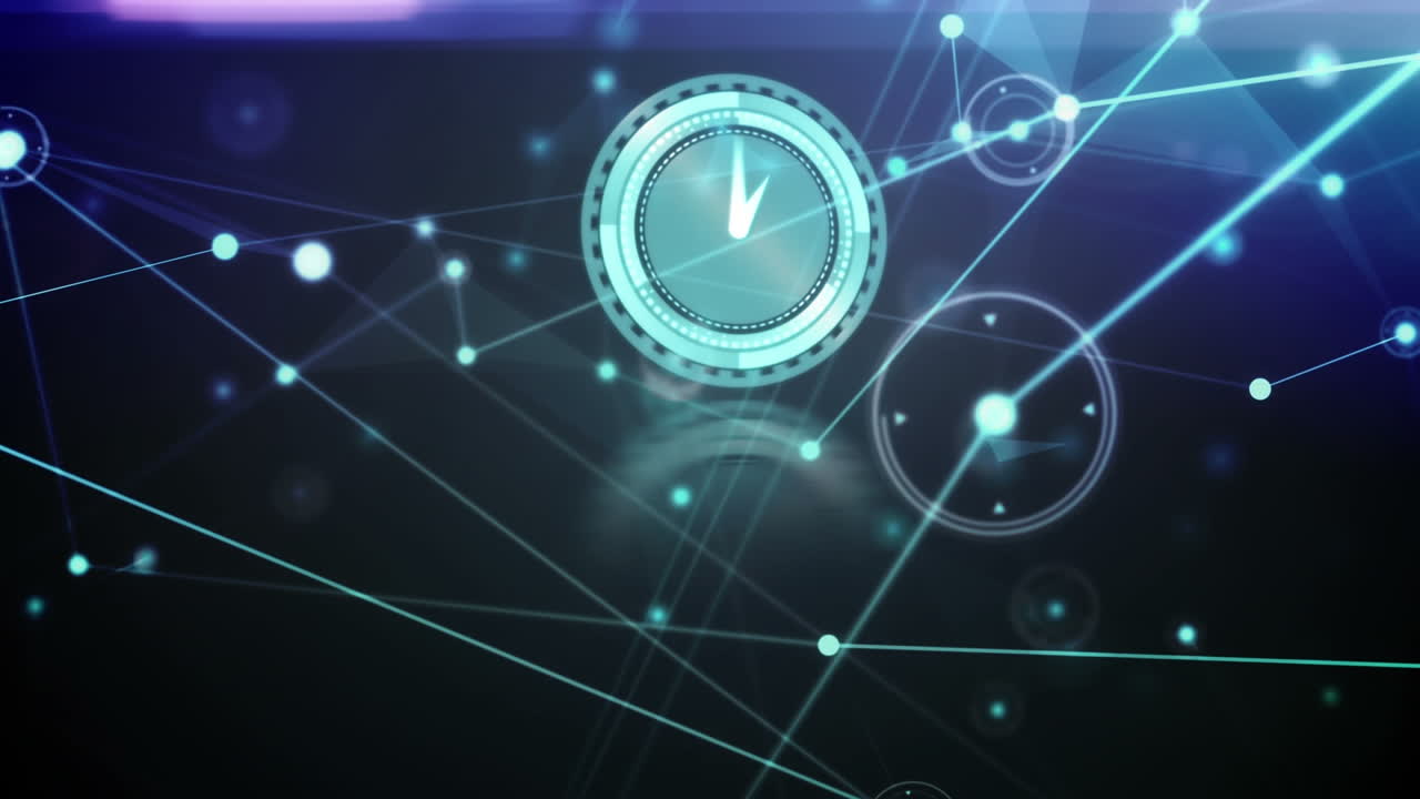 Animation of network of connections with moving clock in digital black and blue space