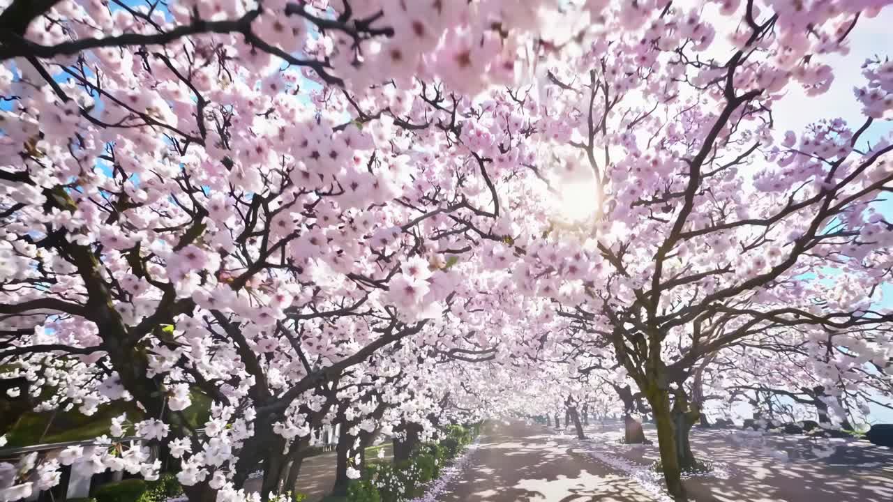 Un video ipnotico di fiori di ciliegio in piena fioritura, ripresi da una prospettiva dal basso.