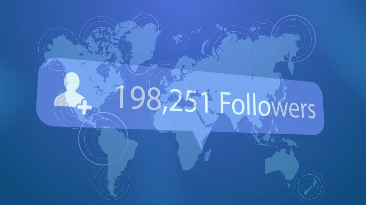 Animation of profile icon with increasing followers against pulsating circles over world map