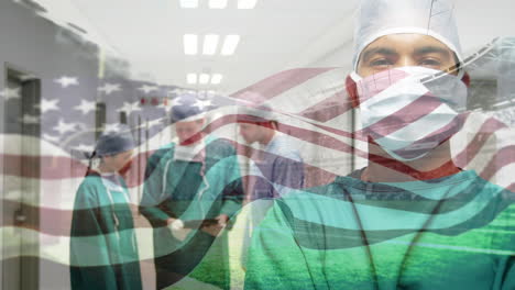 animation of flag of usa waving over surgeons in face masks