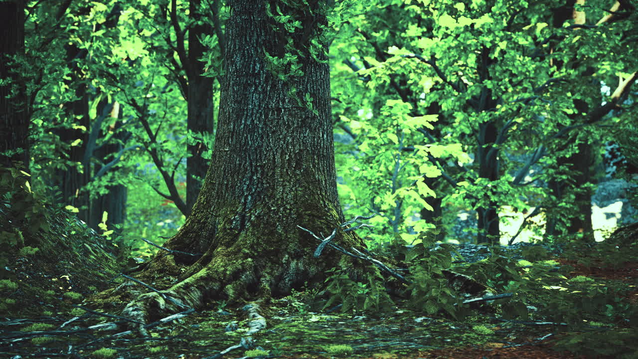 Majestic tree roots weave through vibrant green forest undergrowth in spring