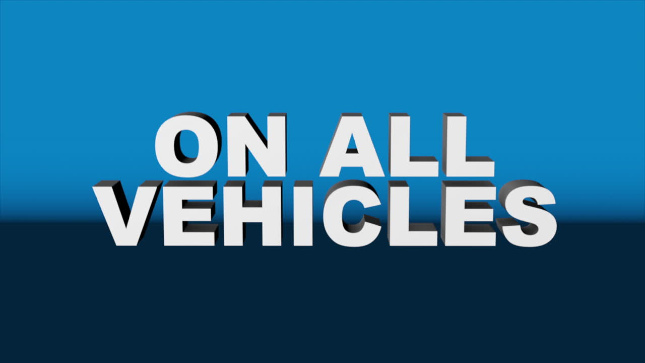 A 3D graphic rendered with Cinema 4D, of white 3D text "ON ALL VEHICLES" against blue background
