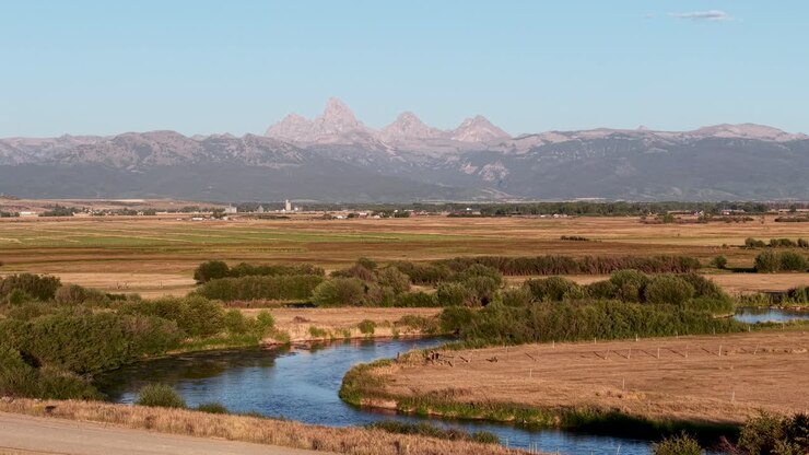 Vista aerea con drone del fiume Snake che serpeggia attraverso terreni agricoli dorati con campi verdi e cime montuose distanti sotto un cielo limpido