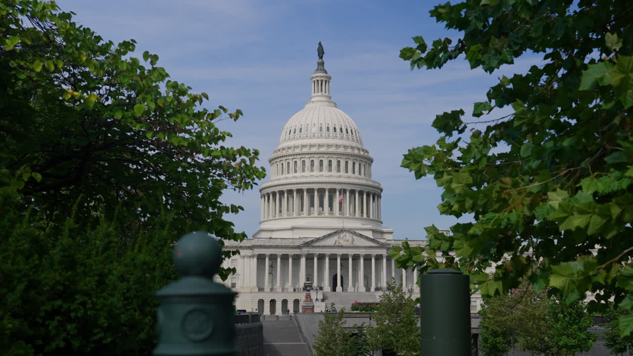 US Capitol with barricades, concern over political events, sunny day