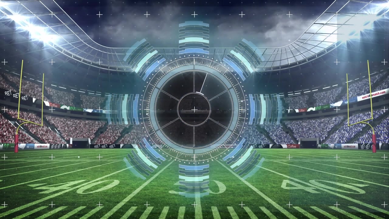 Digital HUD Overlay on Empty American Football Stadium Field