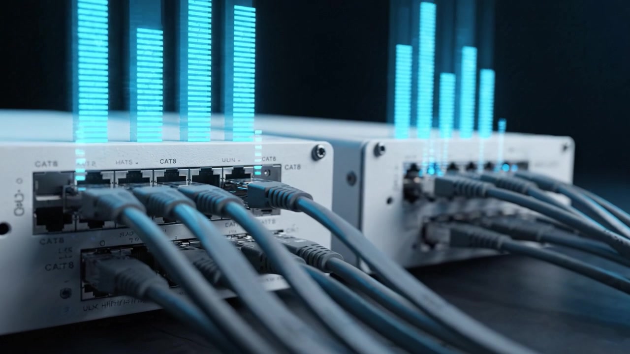 Connection Nodes with Multiple CAT8 Cables and Visual Data Representation in a High-Tech Setup for Digital Communication and Networking Technologies