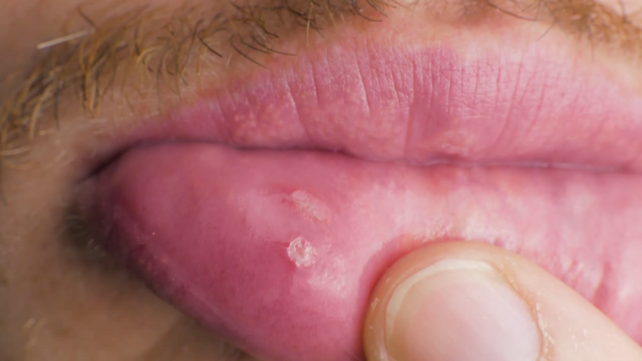an aphtha oral inflammation on the gums CLOSE UP