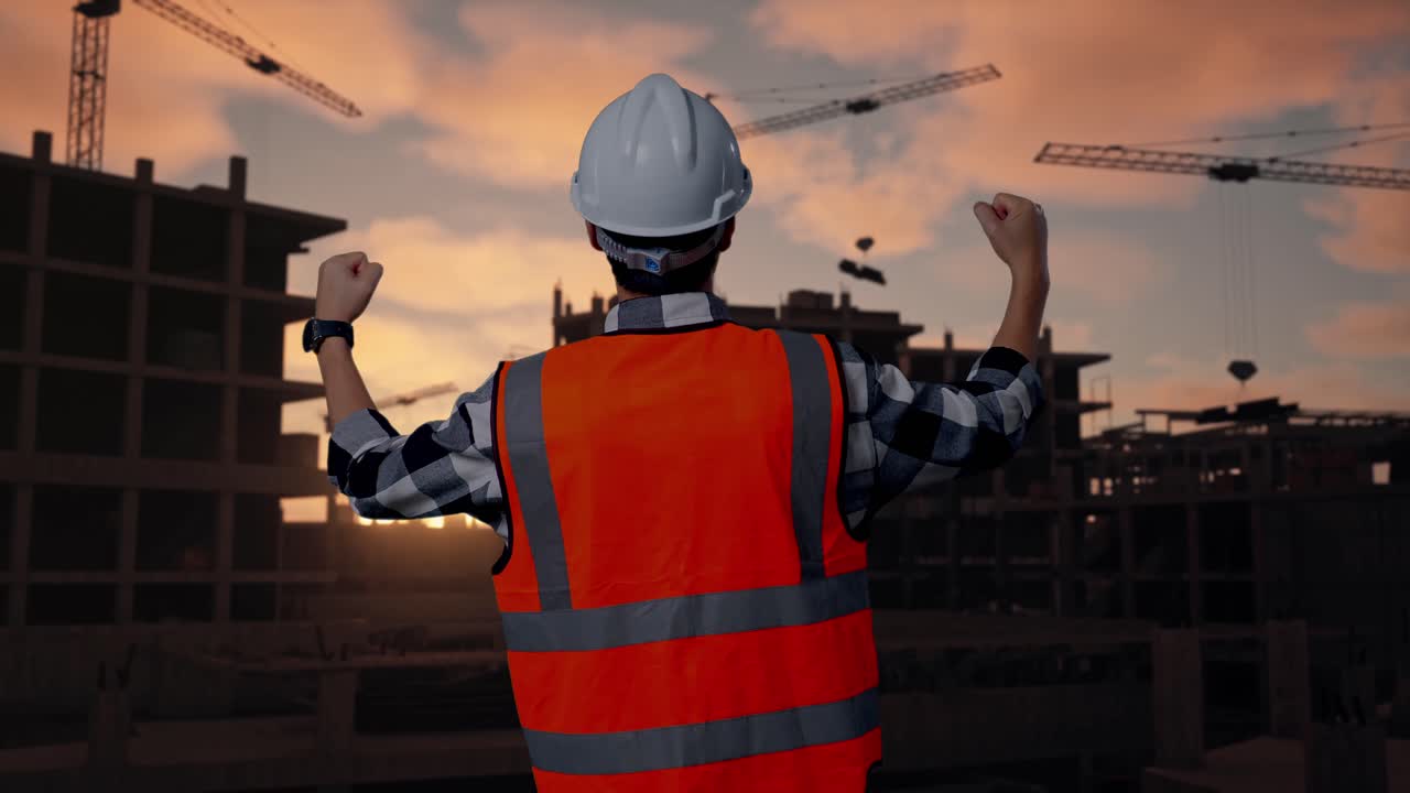Back View Of A Male Engineer With Safety Helmet Raising His Hands Celebrating While Working At Building & Construction Site in Progress to New House